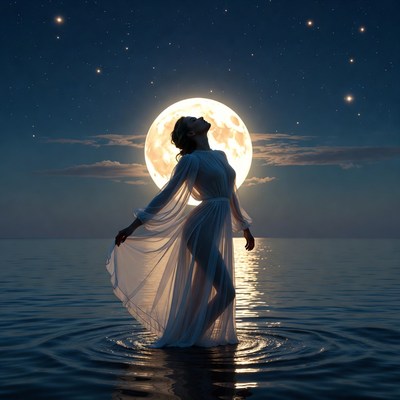 Woman standing in water at night