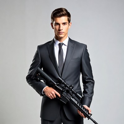 Man in suit holding weapon