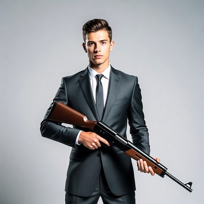 Man in suit holding rifle