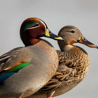 Ducks standing side by side in clear light