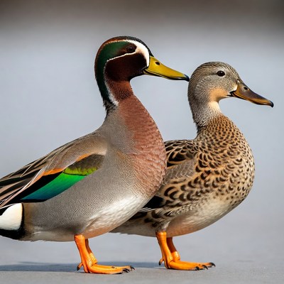 Ducks standing side by side in sunshine