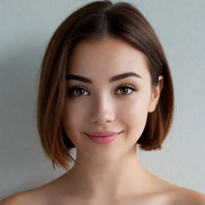Young woman with short hair smiles in soft light
