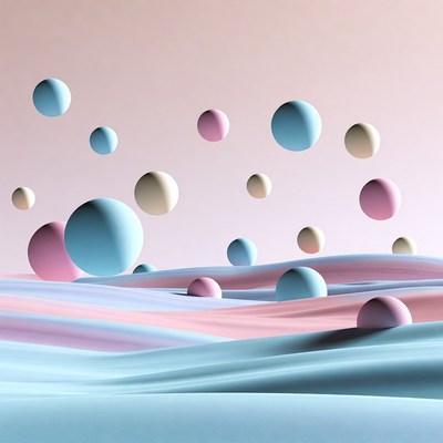 Colorful spheres in a flowing landscape