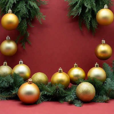 Golden ornaments on christmas branches