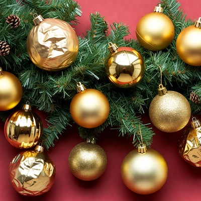 Golden ornaments on pine branches