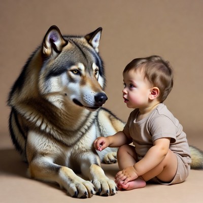 Toddler sits next to large wolf
