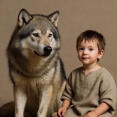 Child and wolf in simple setting