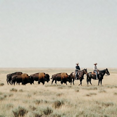 Cowboys guiding buffalo on plains