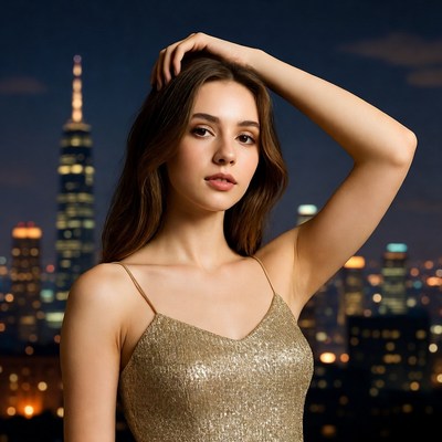 Model poses at night in city