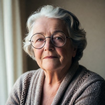 Elderly woman with glasses indoors
