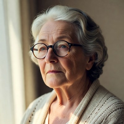Elderly woman looks out window