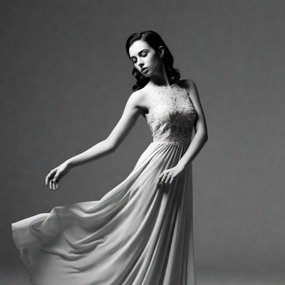 Woman in flowing dress poses