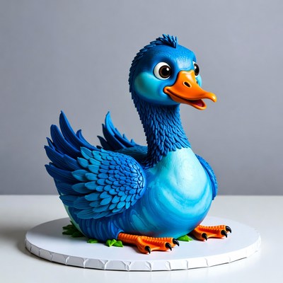 Blue duck cake display at an event