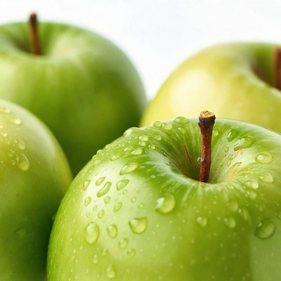 Green apples with water droplets on surface