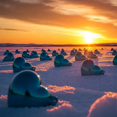 Heart-shaped objects on snowy ground at sunset