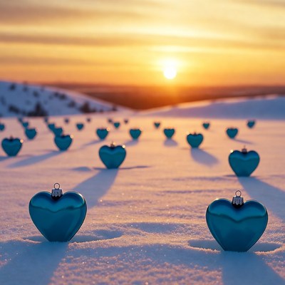 Hearts in snow at sunset