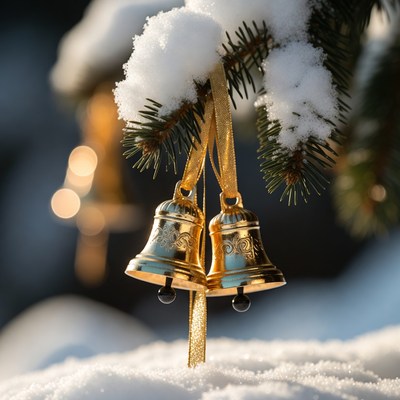 Snow-covered golden bells hanging on a tree