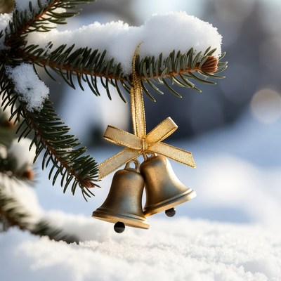 Golden bells hanging from a snow-covered tree