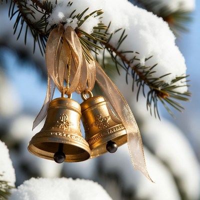 Bells hanging from a snowy pine branch