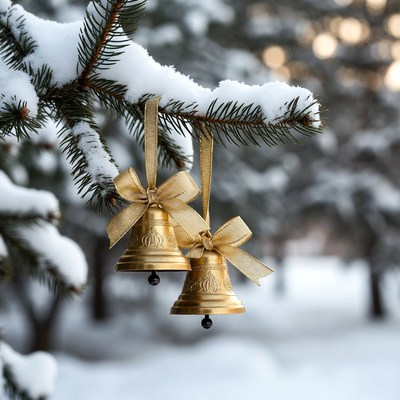 Golden bells hang on a snowy branch