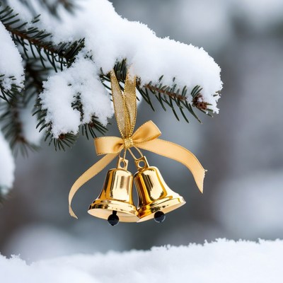 Golden bells hanging on a snowy branch