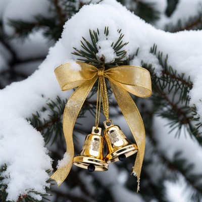 Gold bells on a snowy tree branch