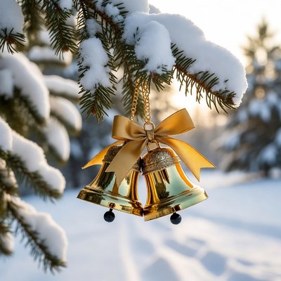 Bells hanging from snowy branch
