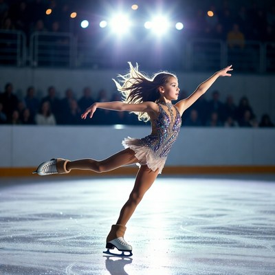 Young skater performs on ice during event