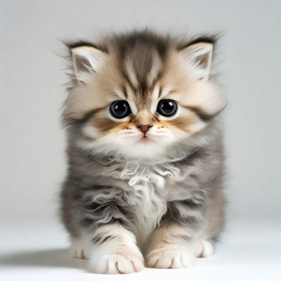Cute fluffy kitten looks curiously at camera