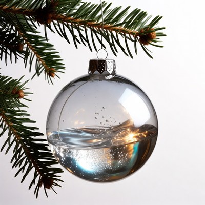 Clear ornament hanging on pine branch