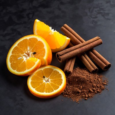 Orange slices and cinnamon sticks on table