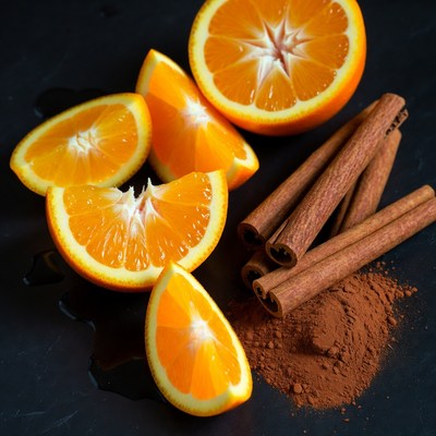 Oranges and cinnamon sticks on a table