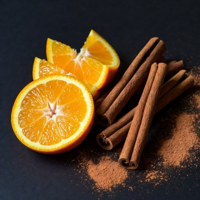 Sliced oranges and cinnamon sticks on dark surface