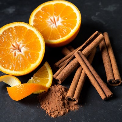 Fresh oranges and cinnamon sticks on table