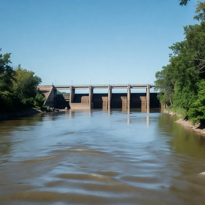 Dam on river with blue sky