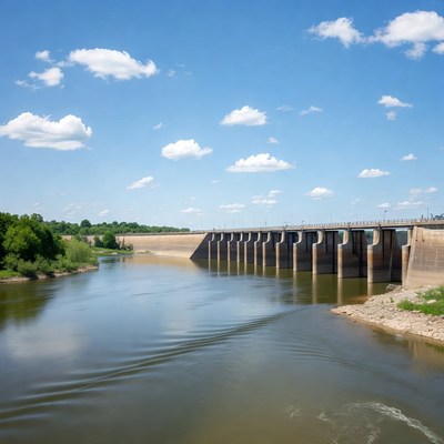 Dam over calm river under blue sky