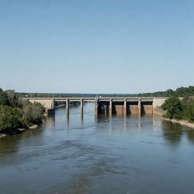 River dam across clear blue sky