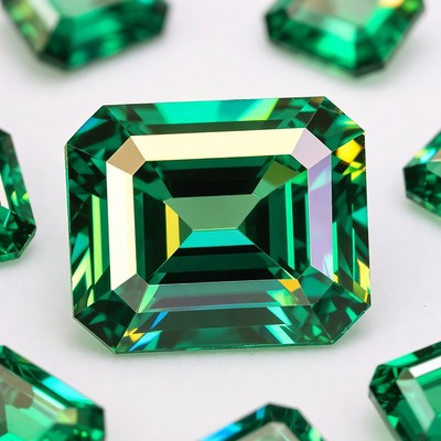 Bright green gemstones on a surface