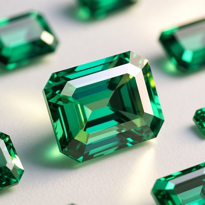 Emerald gemstones arranged on a surface