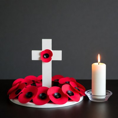Memorial with poppies and candle
