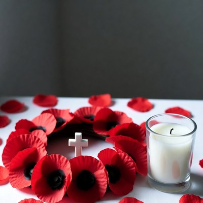 Poppy wreath with candle on table