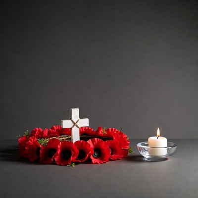 Memorial with poppies and candle