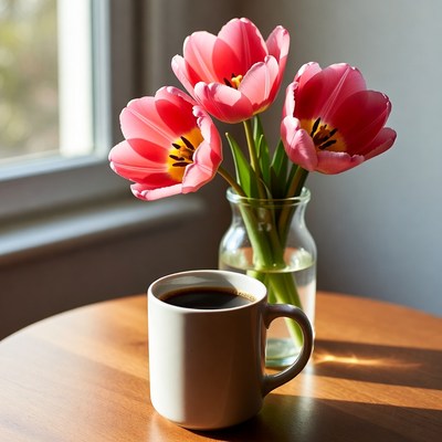 Coffee and flowers on table