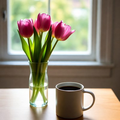Coffee and tulips by the window