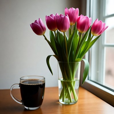 Coffee and tulips by the window
