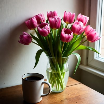 Pink tulips and coffee on table