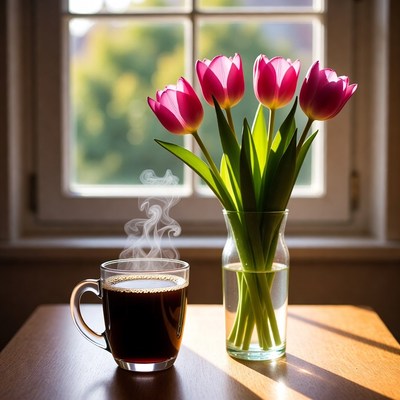 Coffee and tulips in sunlight