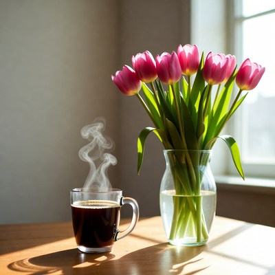 Coffee and flowers in morning light