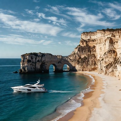Boat travels along rocky coast
