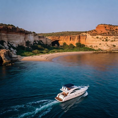 Boat cruising by rocky shore